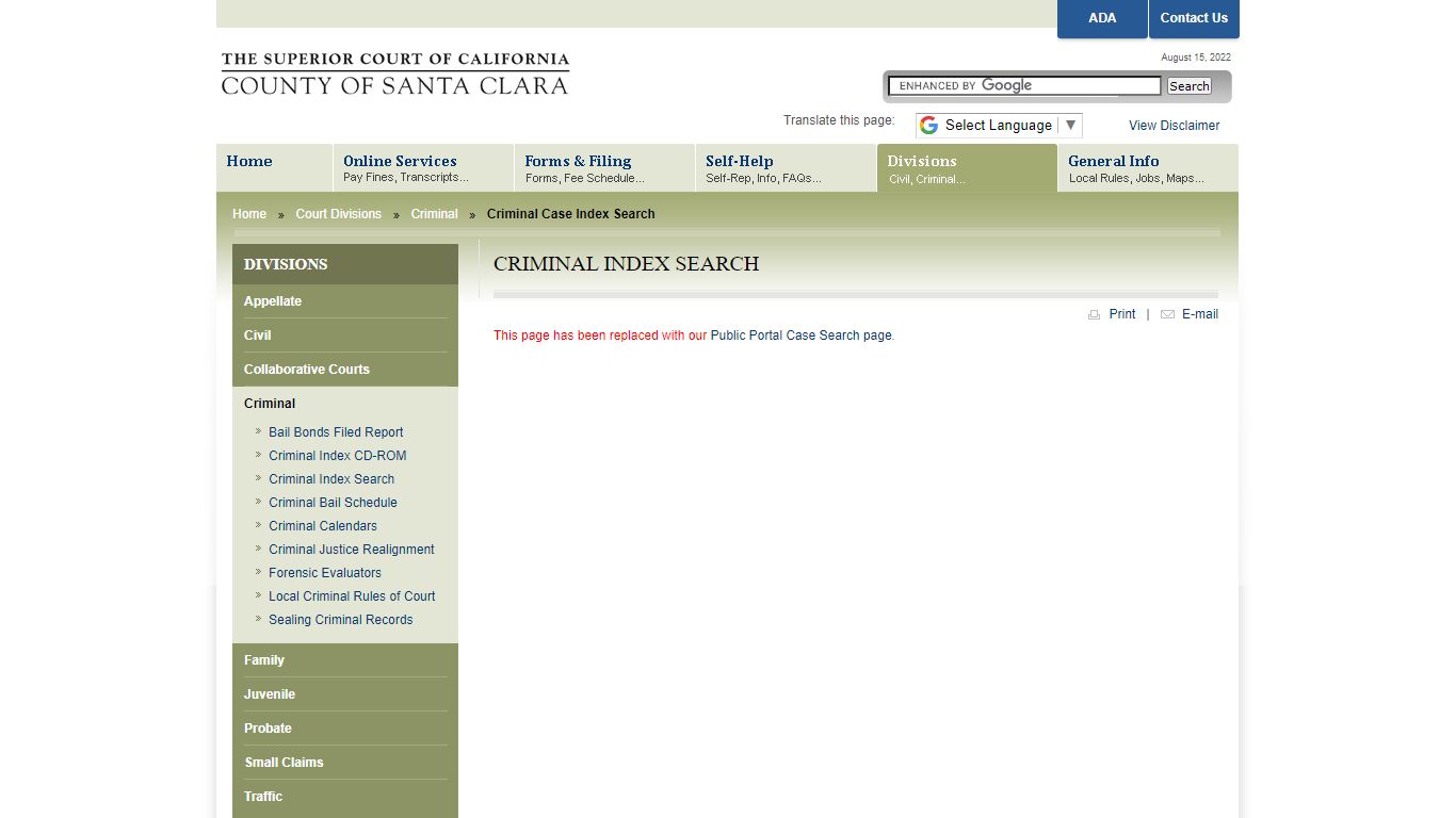 Criminal Case Index - Superior Court of California, County ...